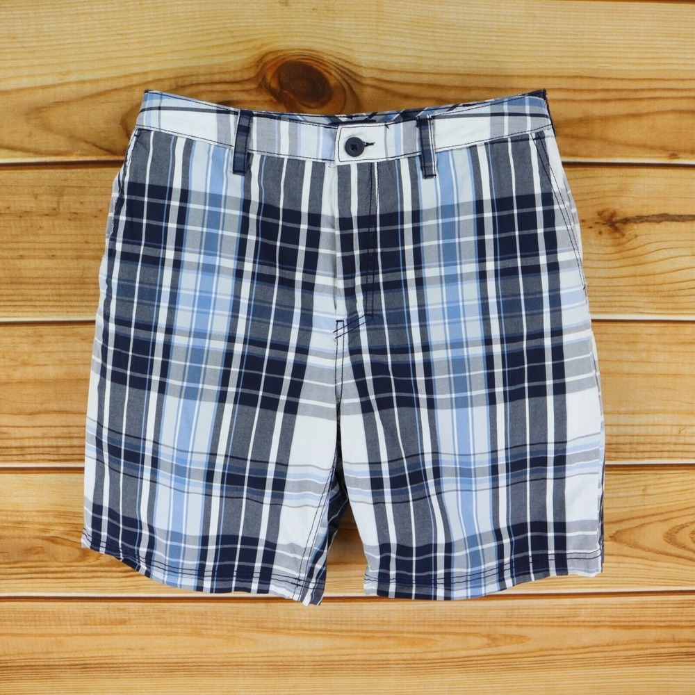Croft & Barrow Casual Shorts Flat Front Mens Size 33 Blue Plaid 100%‎ Cotton